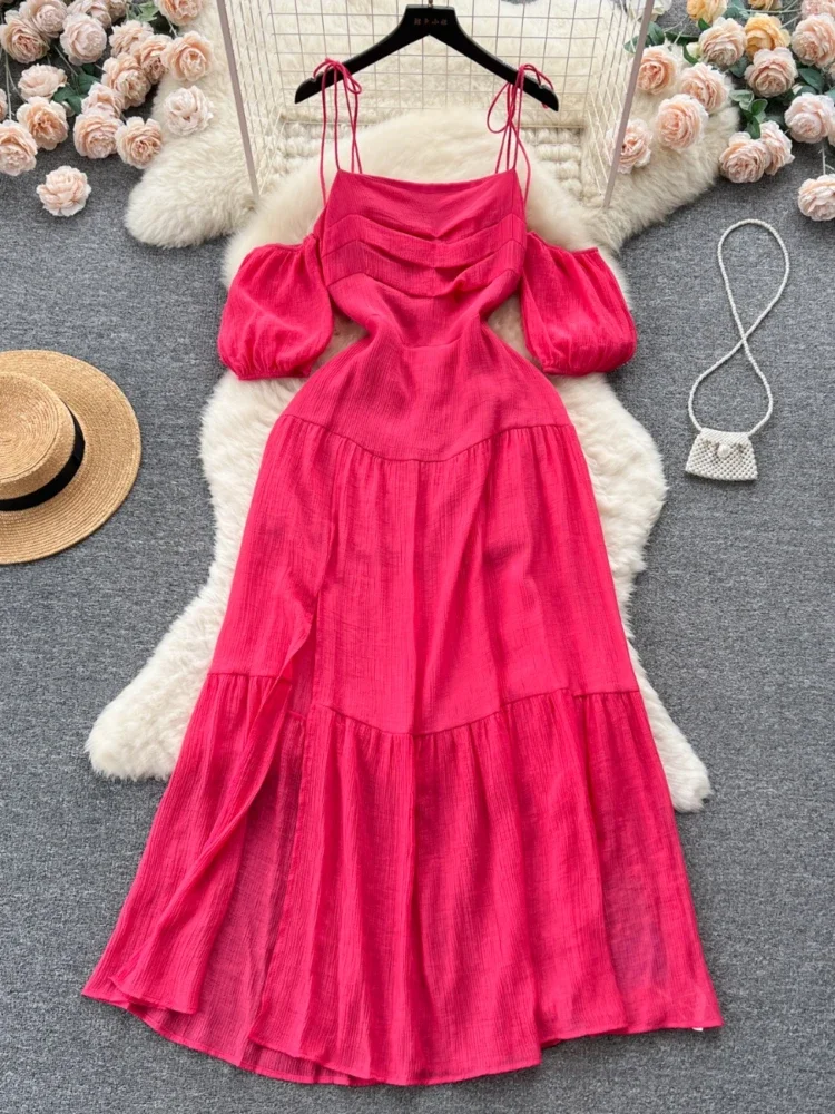 Women Sexy Beach Dress Summer Off Shoulder Bubble Sleeves Split Boho Long Dresses Ladies Slim A-line Rose Red Long Robe
Women Sexy Beach Dress Summer Off Shoulder Bubble Sleeves Split Boho Long Dresses Ladies Slim A-line Rose Red Long Robe