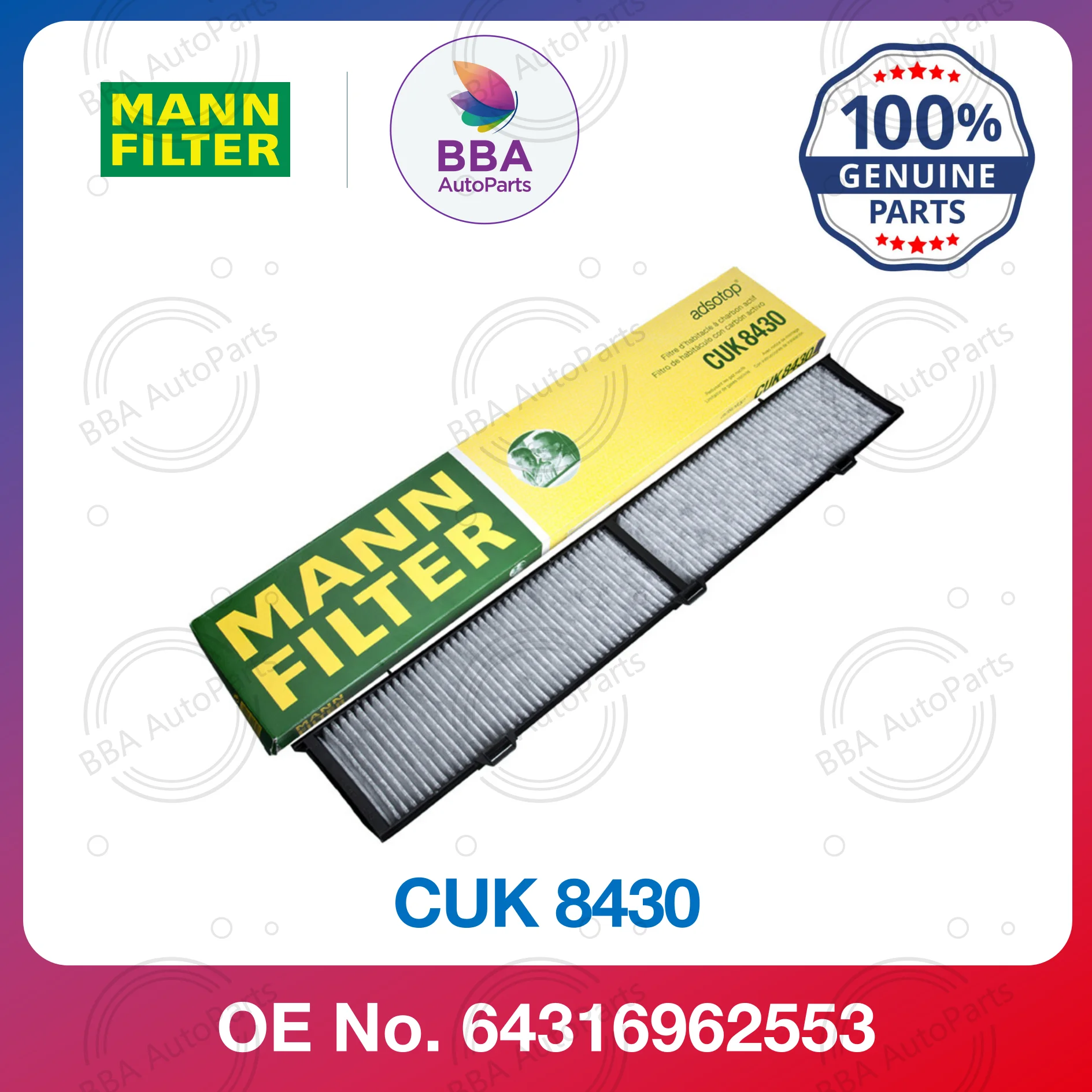 Фильтр кондиционера Mann CUK8430 для BMW 320i 318i 120i 130i 335i X1 с OE 64319142115 64319313519
Фильтр кондиционера Mann CUK8430 для BMW 320i 318i 120i 130i 335i X1 с OE 64319142115 64319313519