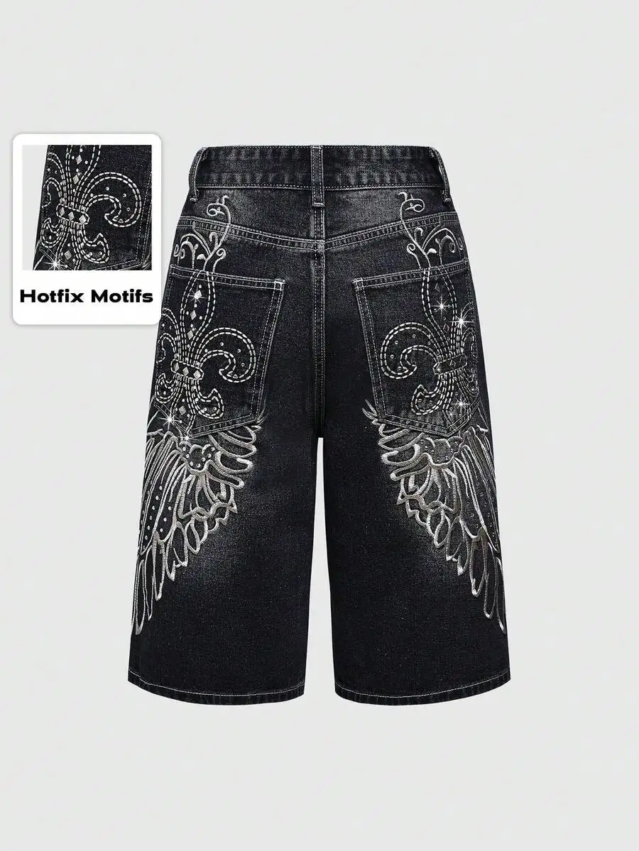 Grunge Punk Street Fashion Oversized Wide Leg Denim Shorts With Wing Embroidery And Rhinestone Decor
Grunge Punk Street Fashion Oversized Wide Leg Denim Shorts With Wing Embroidery And Rhinestone Decor