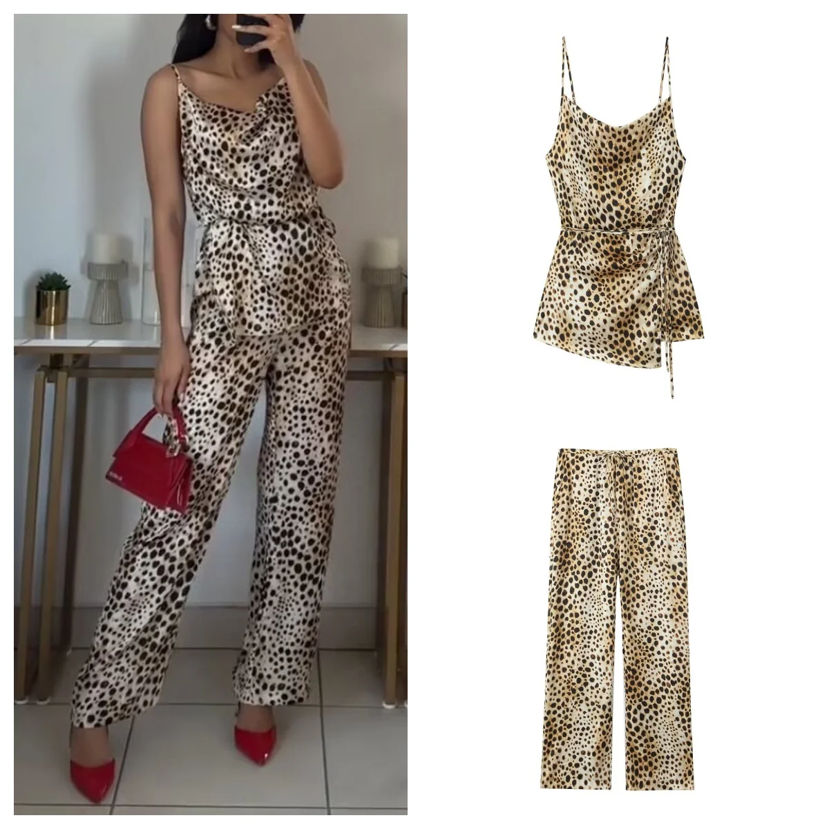Fashionable and sexy two-piece women's leopard print waist slimming camisole with high-waisted straight casual pants
Fashionable and sexy two-piece women's leopard print waist slimming camisole with high-waisted straight casual pants