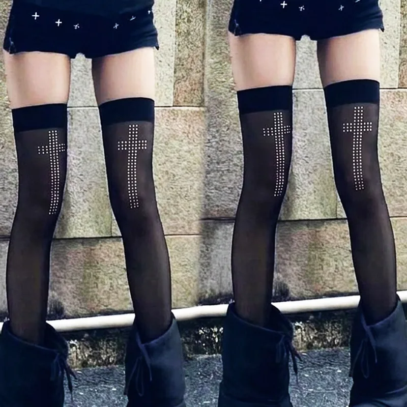 Gothic Cross Rhinestone Thigh High Stockings Black Sheer Nylon Over Knee Socks Stretchy Garter Hosiery for Women Party Clubwear
Gothic Cross Rhinestone Thigh High Stockings Black Sheer Nylon Over Knee Socks Stretchy Garter Hosiery for Women Party Clubwear