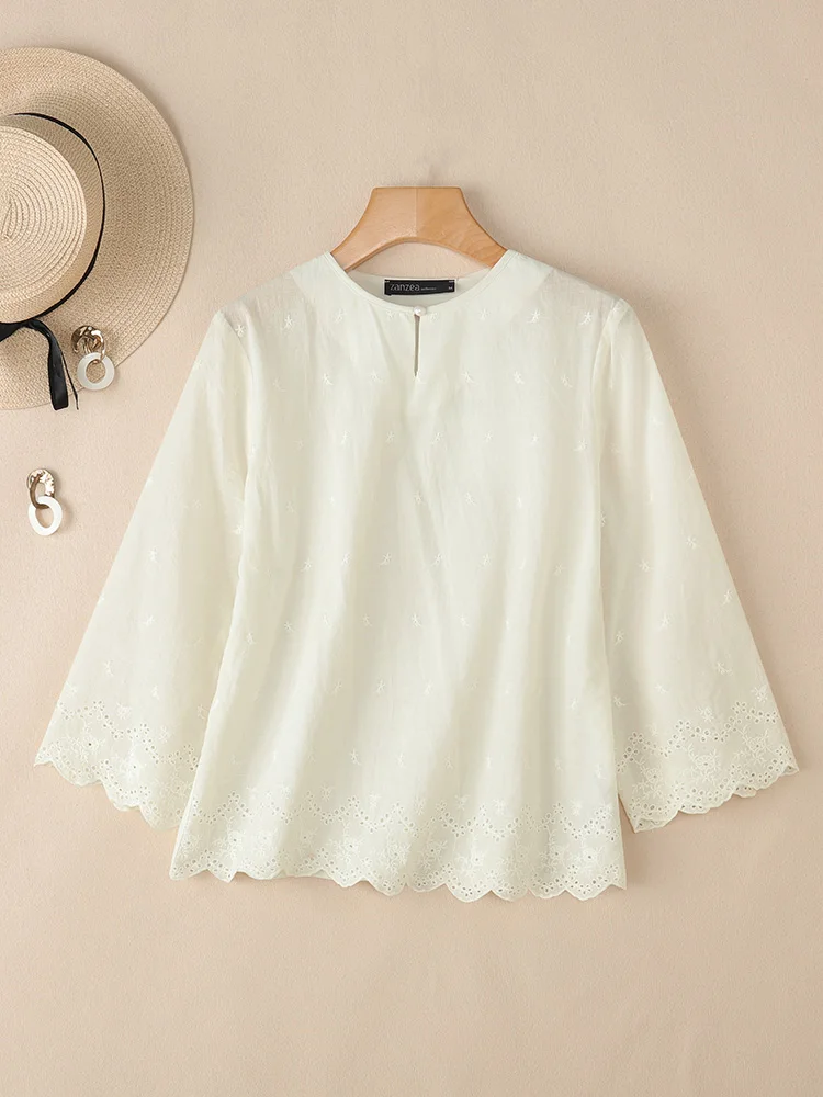 ZANZEA 2022, женские модные топы, осенняя блузка из 100% хлопка, свободная повседневная элегантная туника с круглым вырезом и рукавами 3/4, кружевная шикарная блузка, одежда
ZANZEA 2022, женские модные топы, осенняя блузка из 100% хлопка, свободная повседневная элегантная туника с круглым вырезом и рукавами 3/4, кружевная шикарная блузка, одежда