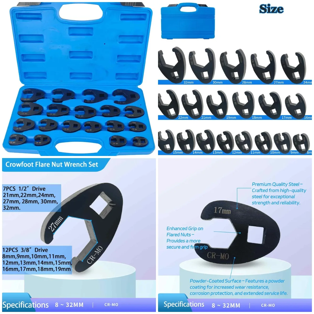 Crowfoot Flare Nut Wrench Set, 19PC Metric 8-32mm, 3/8' & 1/2' Drive for Ratchets
Crowfoot Flare Nut Wrench Set, 19PC Metric 8-32mm, 3/8' & 1/2' Drive for Ratchets