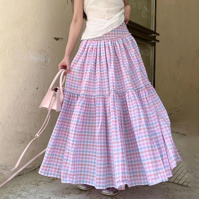 Pink Plaid Skirts Women Maxi Skirt 2025 Mori Girl Style Lolita Spring Summer High Waisted A-Line Ruffle Pleated Skirts Loose rok
Pink Plaid Skirts Women Maxi Skirt 2025 Mori Girl Style Lolita Spring Summer High Waisted A-Line Ruffle Pleated Skirts Loose rok