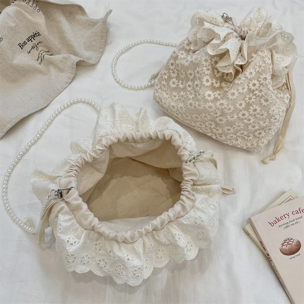 Lightweight Korean Style Drawstring Lace Flower Bag Pearls Chain Sweet Bundle Pocket Beige Portable Shoulder Bags Shopping
Lightweight Korean Style Drawstring Lace Flower Bag Pearls Chain Sweet Bundle Pocket Beige Portable Shoulder Bags Shopping