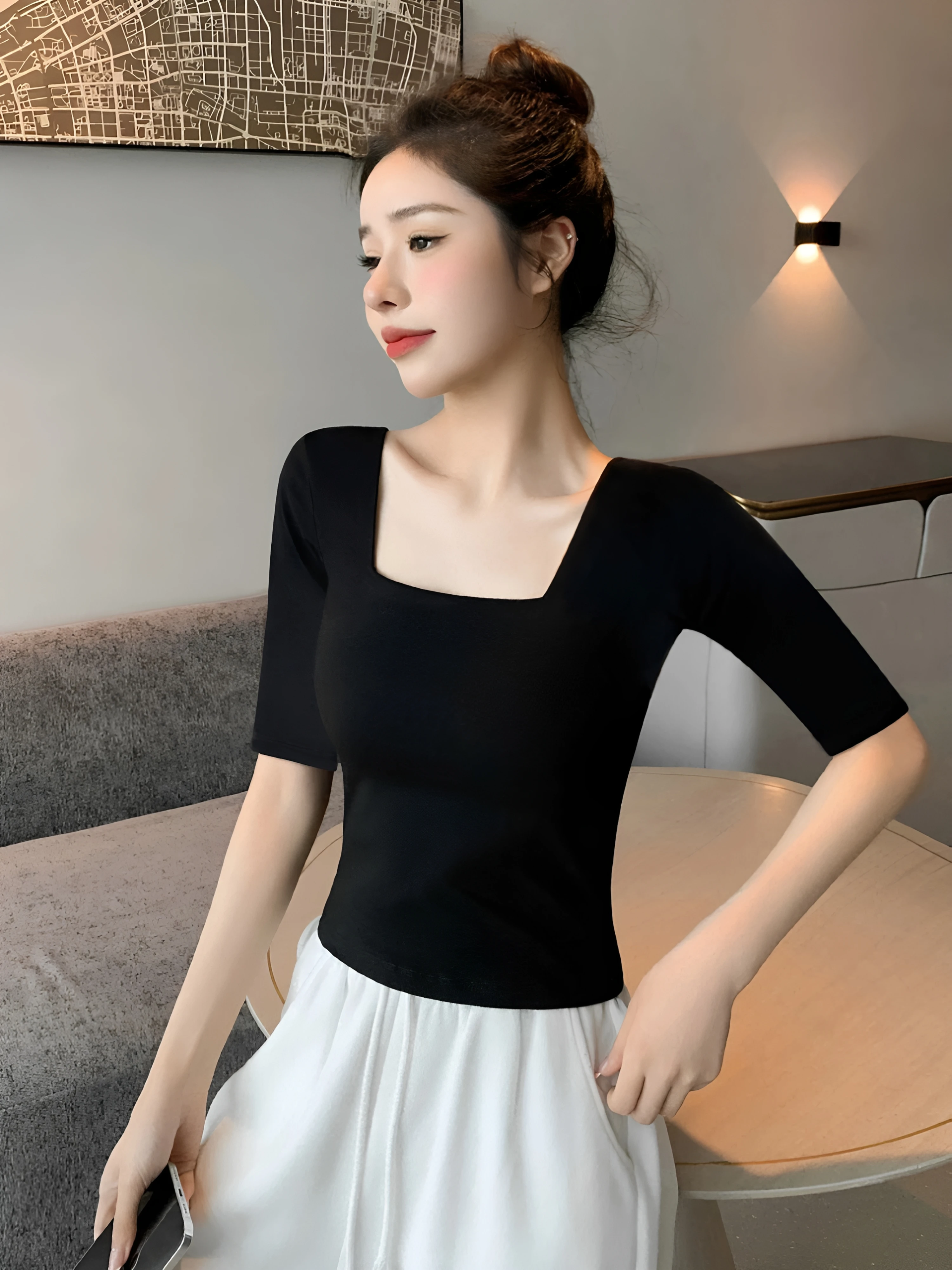 95 Cotton Square Collar mid Sleeve T Shirt Women Summer Slim Fit Half Sleeve Shoulder Appropriate Casual Top Elegant Design
95 Cotton Square Collar mid Sleeve T Shirt Women Summer Slim Fit Half Sleeve Shoulder Appropriate Casual Top Elegant Design