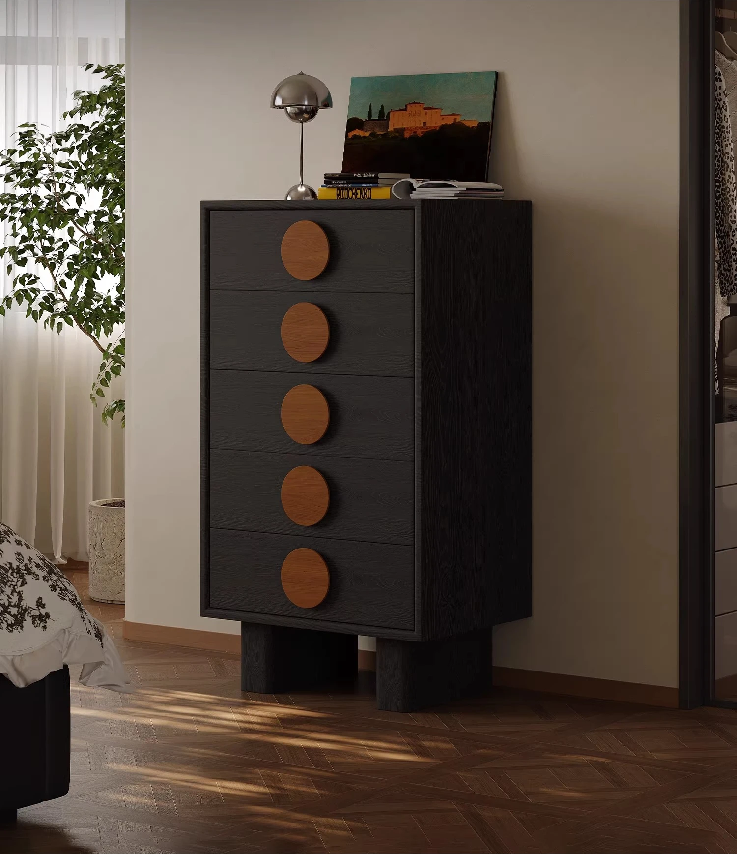 Medieval solid wood chest of drawers, bedroom against the wall, American black narrow chest, bedroom
Medieval solid wood chest of drawers, bedroom against the wall, American black narrow chest, bedroom