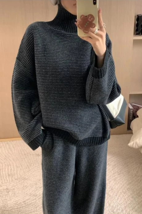 Темпераментный высококачественный свободный костюм из чистого кашемира с высоким воротником, женский тонкий пуловер из двух предметов с подкладкой, модный вязаный пуловер 
Темпераментный высококачественный свободный костюм из чистого кашемира с высоким воротником, женский тонкий пуловер из двух предметов с подкладкой, модный вязаный пуловер