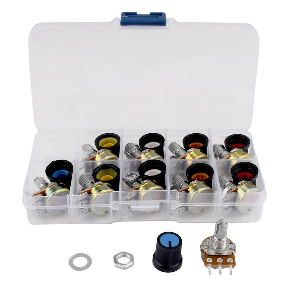 WH148 Potentiometer Kit 3Pin 1K 2K 5K 10K 20K 50K 100K 250K 500K 1M 15mm Linear Taper Rotary Potentiometer Set With Knob Cap
WH148 Potentiometer Kit 3Pin 1K 2K 5K 10K 20K 50K 100K 250K 500K 1M 15mm Linear Taper Rotary Potentiometer Set With Knob Cap