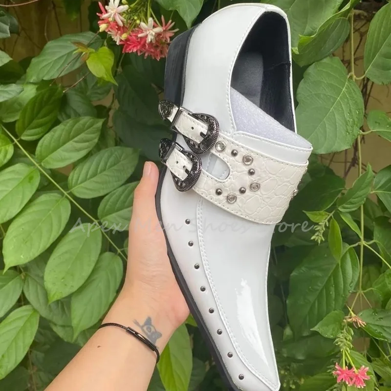 Patent Leather White Pointed Toe Dress Shoes Rivets Double Buckle Design Punk Style Formal Shoes Party Men's Wedding Shoes
Patent Leather White Pointed Toe Dress Shoes Rivets Double Buckle Design Punk Style Formal Shoes Party Men's Wedding Shoes