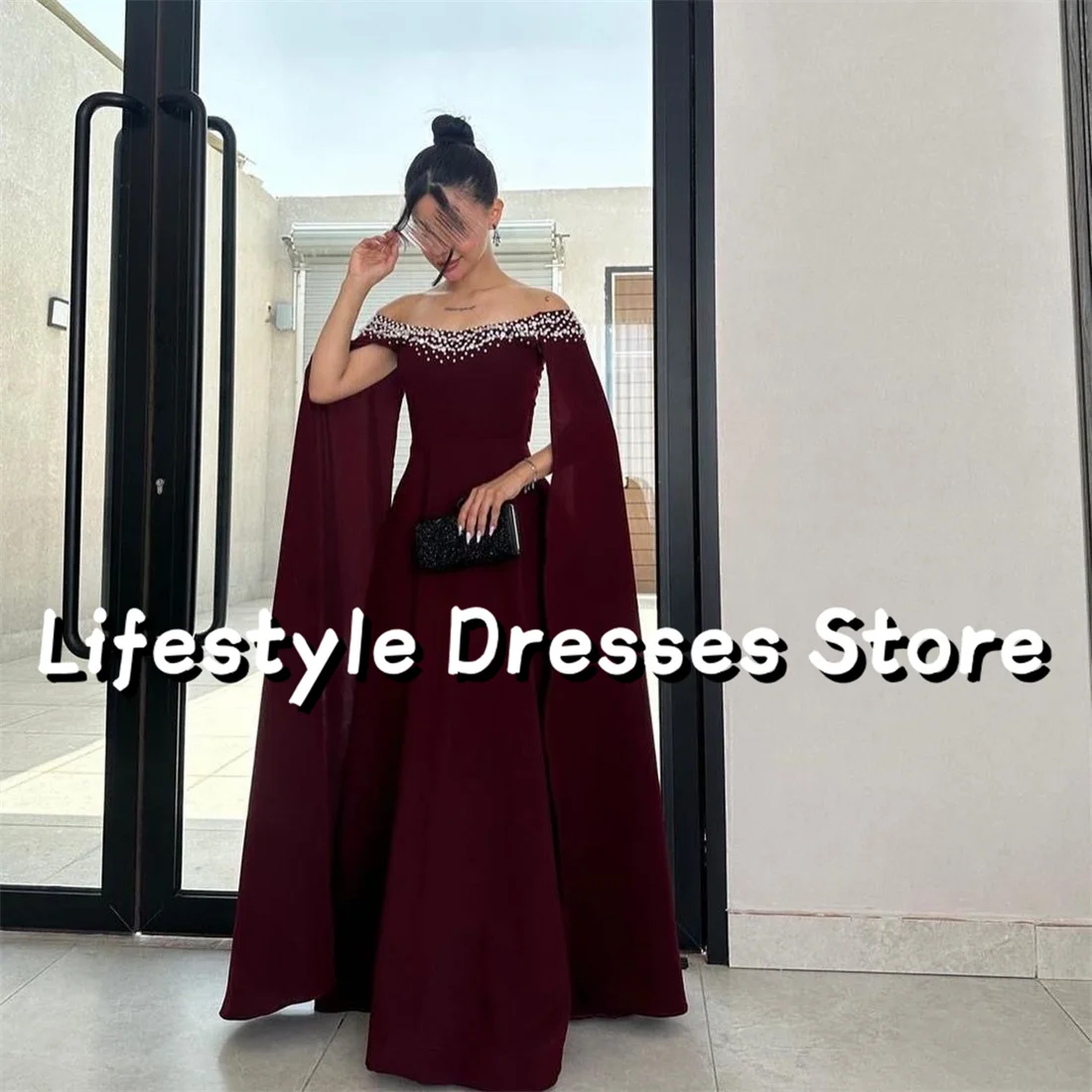 Burgundy Chiffon Sequins Beads Prom Dress Off Shoulder A-Line Long Cape Sleeve Evening Dresses 2024 Formal Party Gown
Burgundy Chiffon Sequins Beads Prom Dress Off Shoulder A-Line Long Cape Sleeve Evening Dresses 2024 Formal Party Gown