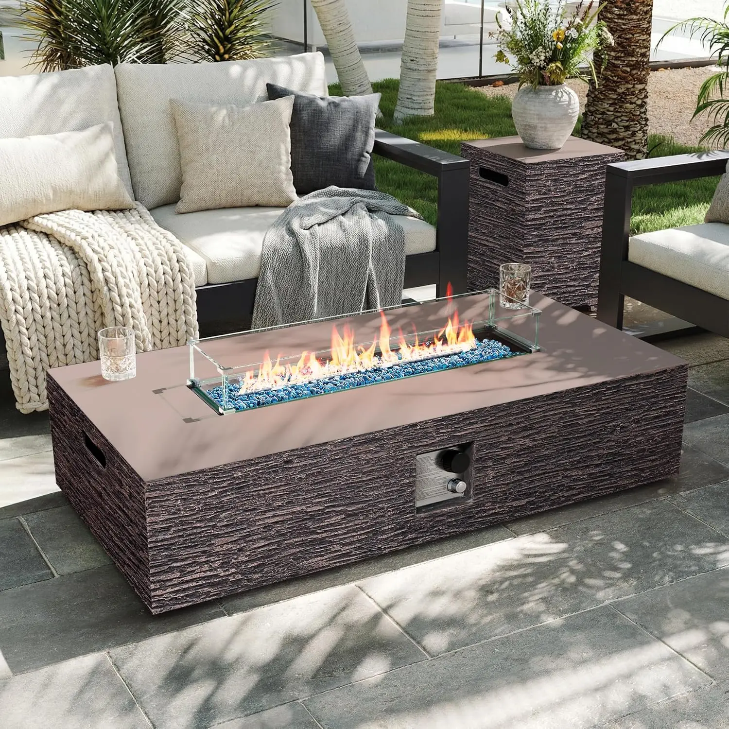 56in Rectangle Outdoor Gas Fire Pit Table 50000 BTU Concrete Patio Tank Cover Wind Guard Blue Glass Rocks Rain Cover Customized
56in Rectangle Outdoor Gas Fire Pit Table 50000 BTU Concrete Patio Tank Cover Wind Guard Blue Glass Rocks Rain Cover Customized