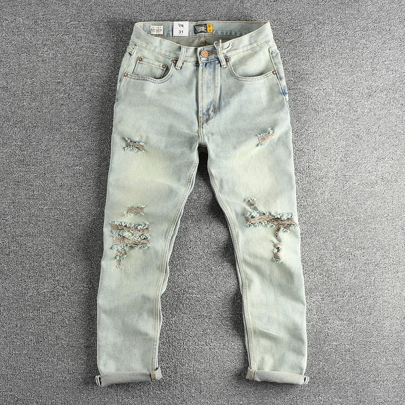 Streetwear Ripped Hole American Vintage Light Blue Denim Jeans for Men Summer Casual Heavy Washed Slim Straight Pants 24ss Y2K
Streetwear Ripped Hole American Vintage Light Blue Denim Jeans for Men Summer Casual Heavy Washed Slim Straight Pants 24ss Y2K