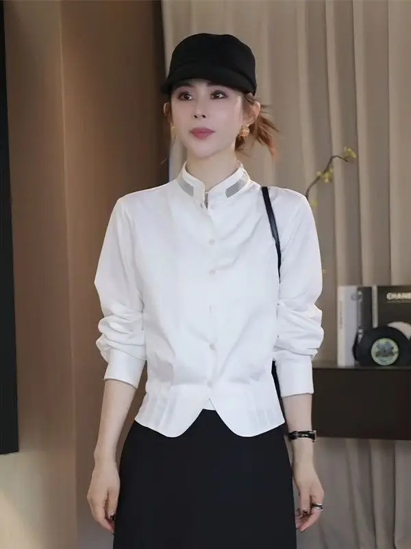 Ele White irt Women's Casual Stand Collar Waist-Cinching Slimming Top Spring Autumn New Sle French Sle Loose Fit
Ele White irt Women's Casual Stand Collar Waist-Cinching Slimming Top Spring Autumn New Sle French Sle Loose Fit