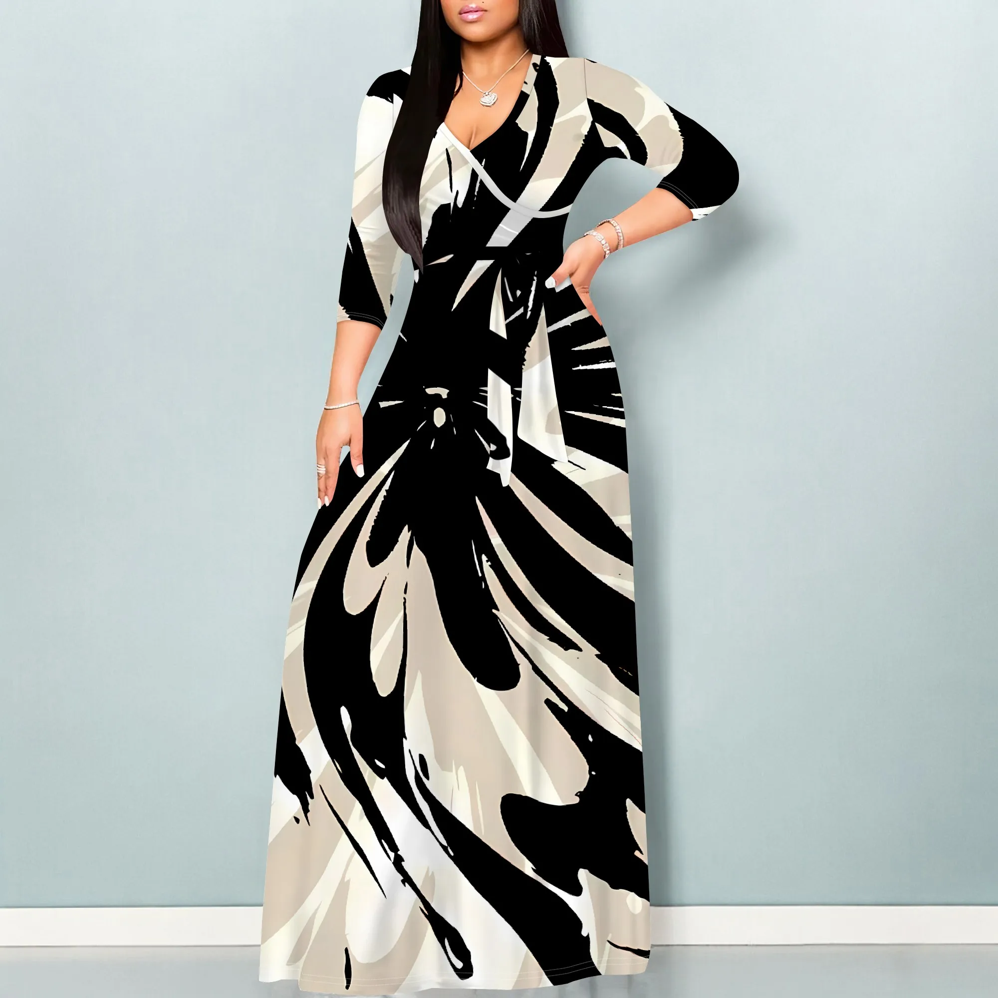 Abstract Brushstroke V-Neck 3/4 Sleeve Wrap Maxi Dress with Belt - Women's Modern Artistic Party Evening Resortwear
Abstract Brushstroke V-Neck 3/4 Sleeve Wrap Maxi Dress with Belt - Women's Modern Artistic Party Evening Resortwear