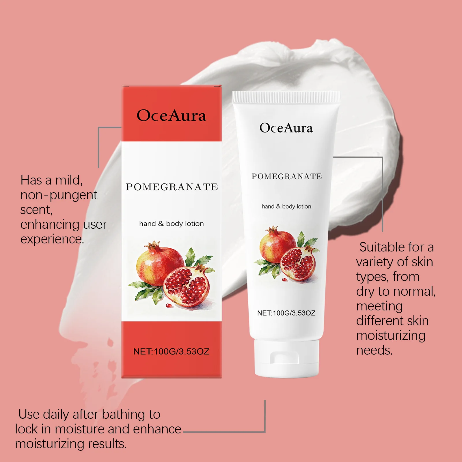 OCEAURA Pomegranate Body Nourishing Lotion Firm Skin Eliminate Fine Lines Improve Roughness Relieve Dryness Body Soothing Lotion
OCEAURA Pomegranate Body Nourishing Lotion Firm Skin Eliminate Fine Lines Improve Roughness Relieve Dryness Body Soothing Lotion