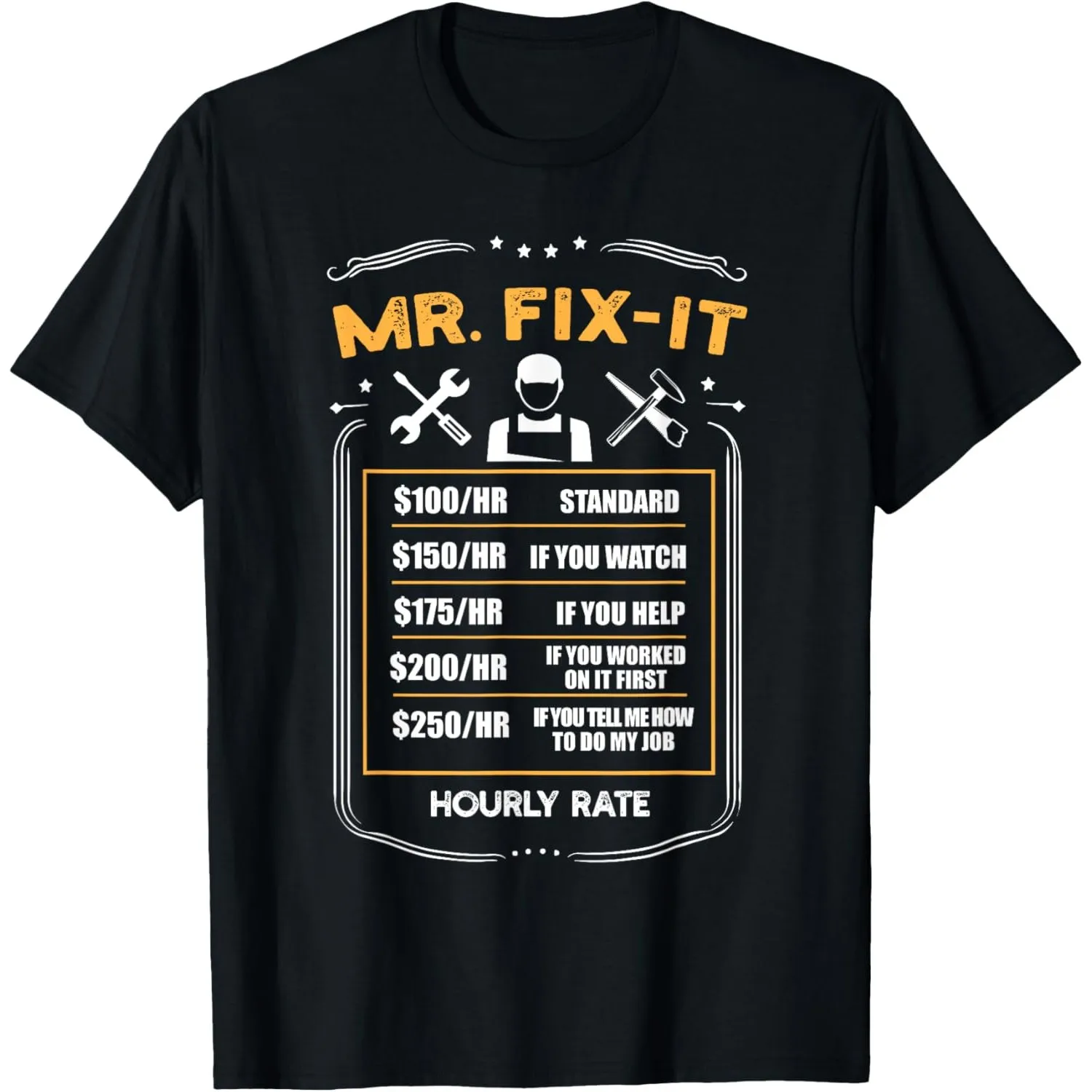 Mr. Fix-It Hourly Rate Mechanic Graphic T-Shirt Funny Handyman Work Tee
Mr. Fix-It Hourly Rate Mechanic Graphic T-Shirt Funny Handyman Work Tee