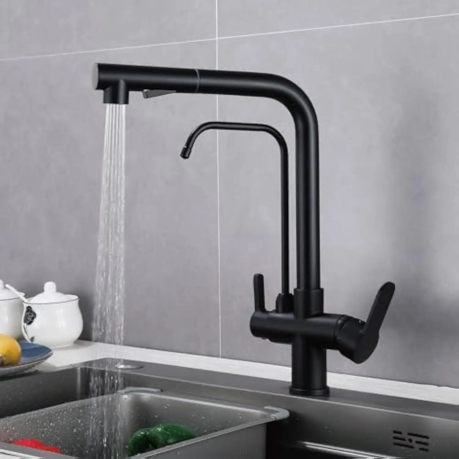 Смесители для очистки воды с фильтром для воды 3 в 1, смеситель для кухонной мойки с выдвижным распылителем и 2 ручками, латунный смеситель для питьевой воды, матовый черный
Смесители для очистки воды с фильтром для воды 3 в 1, смеситель для кухонной мойки с выдвижным распылителем и 2 ручками, латунный смеситель для питьевой воды, матовый черный