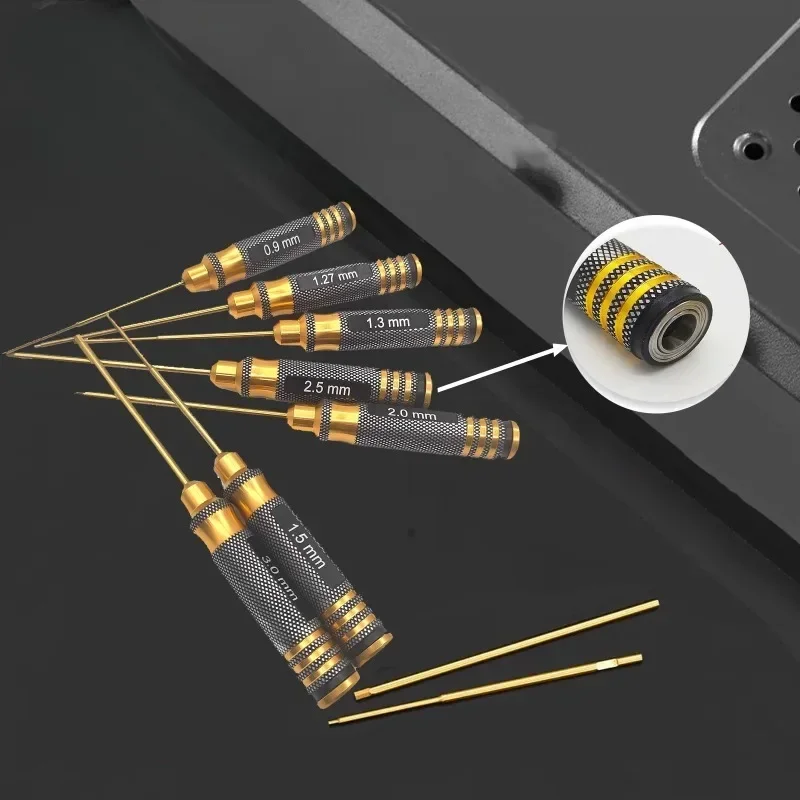 7-piece set with gold round handle and titanium plated hexagonal inner corner Steel Hex Screwdriver Set 0.9/1.27/1.3/1.5/2.0/2.5
7-piece set with gold round handle and titanium plated hexagonal inner corner Steel Hex Screwdriver Set 0.9/1.27/1.3/1.5/2.0/2.5