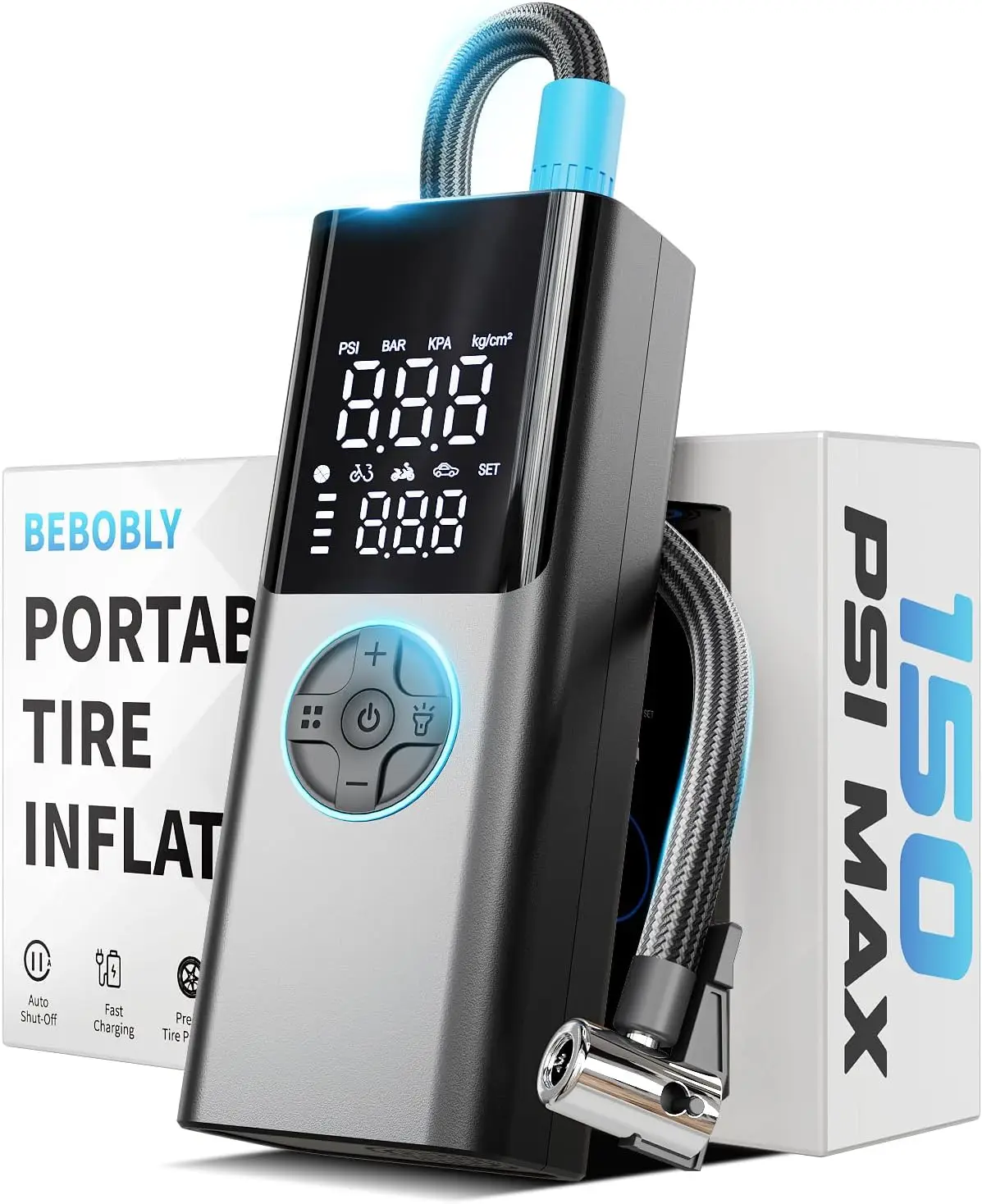 Portable Tire Inflator 150PSI Air Compressor - Fast Charge, Auto Shut-Off, LED Light
Portable Tire Inflator 150PSI Air Compressor - Fast Charge, Auto Shut-Off, LED Light