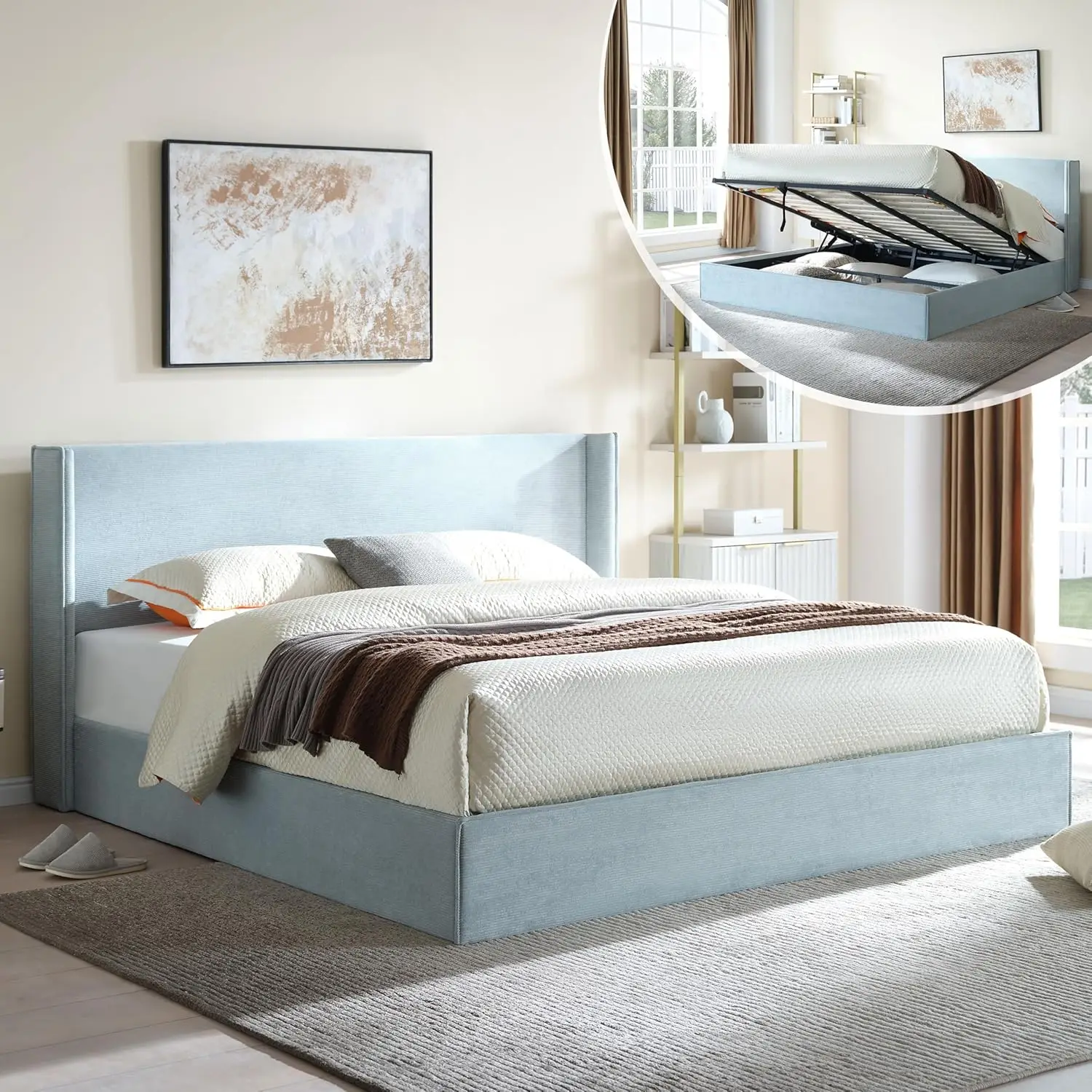 Lift Up Underneath Storage Bed with Modern Corduroy Upholstered Platform Bed with Wingback Headboard Hydraulic Support Wooden Sl
Lift Up Underneath Storage Bed with Modern Corduroy Upholstered Platform Bed with Wingback Headboard Hydraulic Support Wooden Sl