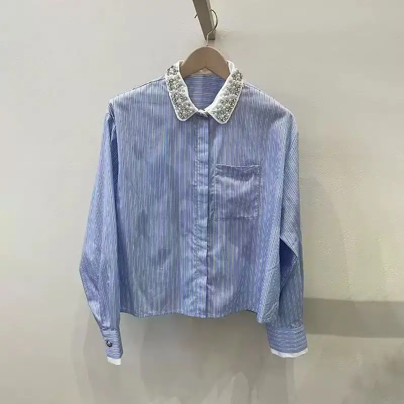 2026 Spring Rhinestone Decoration Shirt Women Square Collar Vertical Stripes Single Breasted Long Sleeves Tops
2026 Spring Rhinestone Decoration Shirt Women Square Collar Vertical Stripes Single Breasted Long Sleeves Tops