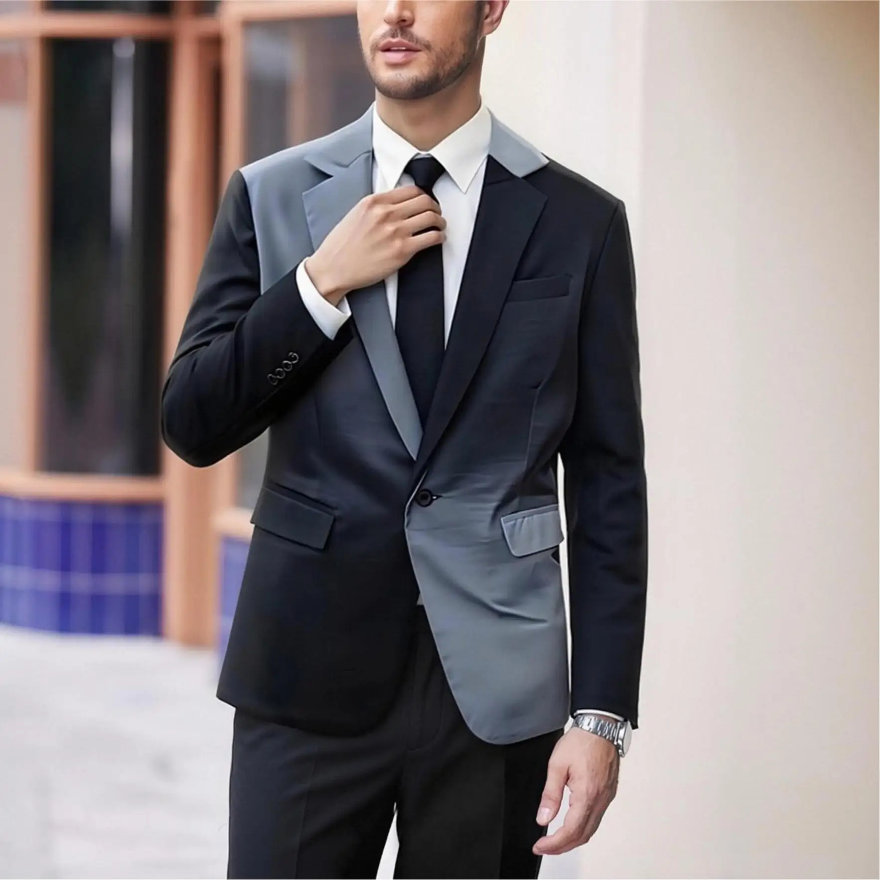 Men's black and gray gradient business suit jacket, spring and autumn long-sleeved one-button multi-pocket fashionable suit, out
Men's black and gray gradient business suit jacket, spring and autumn long-sleeved one-button multi-pocket fashionable suit, out