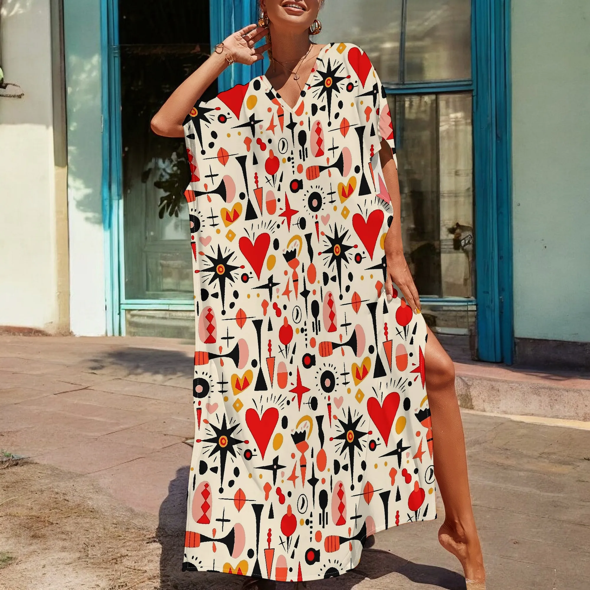 Abstract Heart & Star Print Kaftan Maxi Dress V-Neck Loose Fit S-3XL – Boho Festival or Artistic Summer Party Look
Abstract Heart & Star Print Kaftan Maxi Dress V-Neck Loose Fit S-3XL – Boho Festival or Artistic Summer Party Look