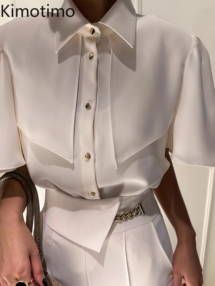 Kimotimo, корейские шикарные рубашки, летние высококачественные однобортные шикарные блузки с лацканами, модные универсальные офисные женские топы с короткими рукавами 
Kimotimo, корейские шикарные рубашки, летние высококачественные однобортные шикарные блузки с лацканами, модные универсальные офисные женские топы с короткими рукавами