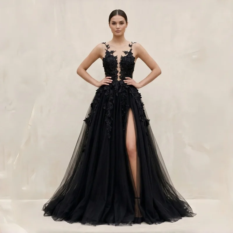 Black Plunge V-Neck Tulle 3D Floral Lace Appliques Sleeveless Tulle Backless Wedding Dresses Ballgown Evening Gowns Customizable
Black Plunge V-Neck Tulle 3D Floral Lace Appliques Sleeveless Tulle Backless Wedding Dresses Ballgown Evening Gowns Customizable