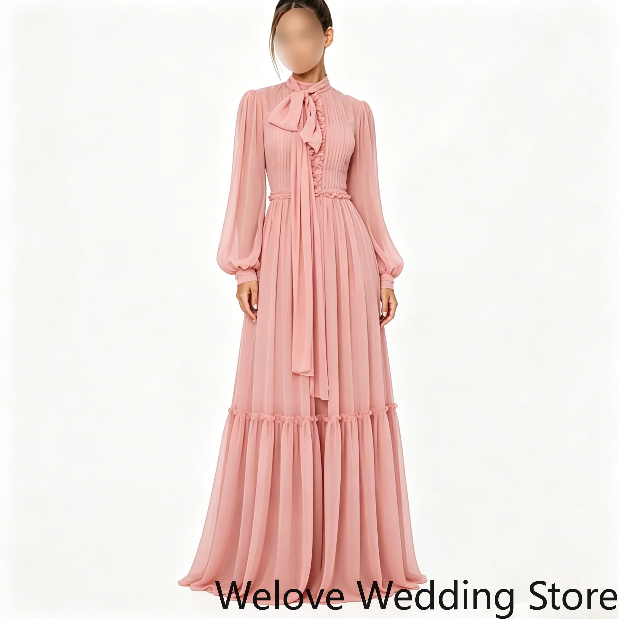 Blush Pink Maxi Dress Featuring High Neck with Bow Tie Detail Long Balloon Sleeves Ruffled Trim and Flowy Pleated Chiffon Skirt
Blush Pink Maxi Dress Featuring High Neck with Bow Tie Detail Long Balloon Sleeves Ruffled Trim and Flowy Pleated Chiffon Skirt