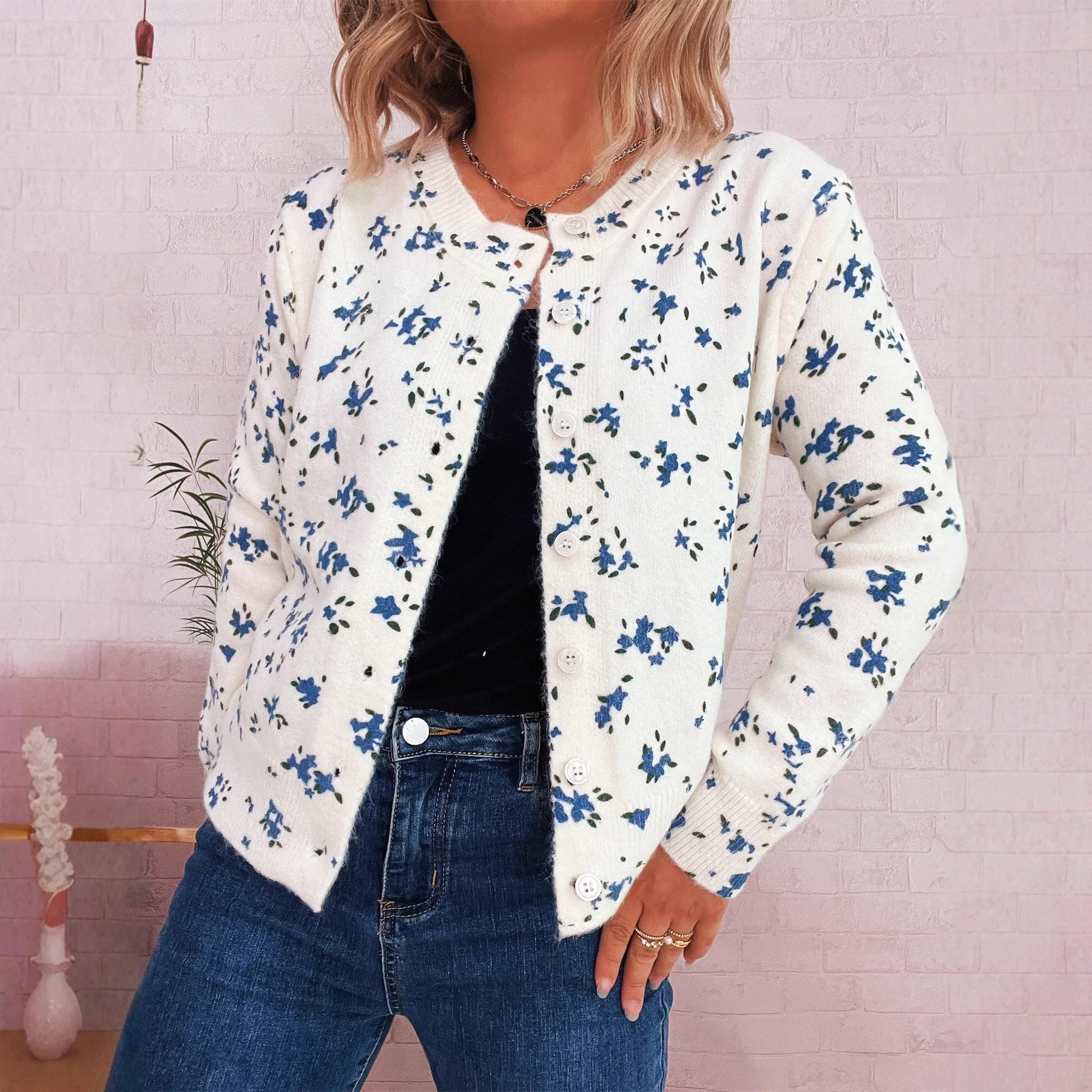 New Autumn and Winter Simple Flower Print Knitted Sweater Cardigan Commuter Round Neck Long Sleeve Jacket for Women
New Autumn and Winter Simple Flower Print Knitted Sweater Cardigan Commuter Round Neck Long Sleeve Jacket for Women