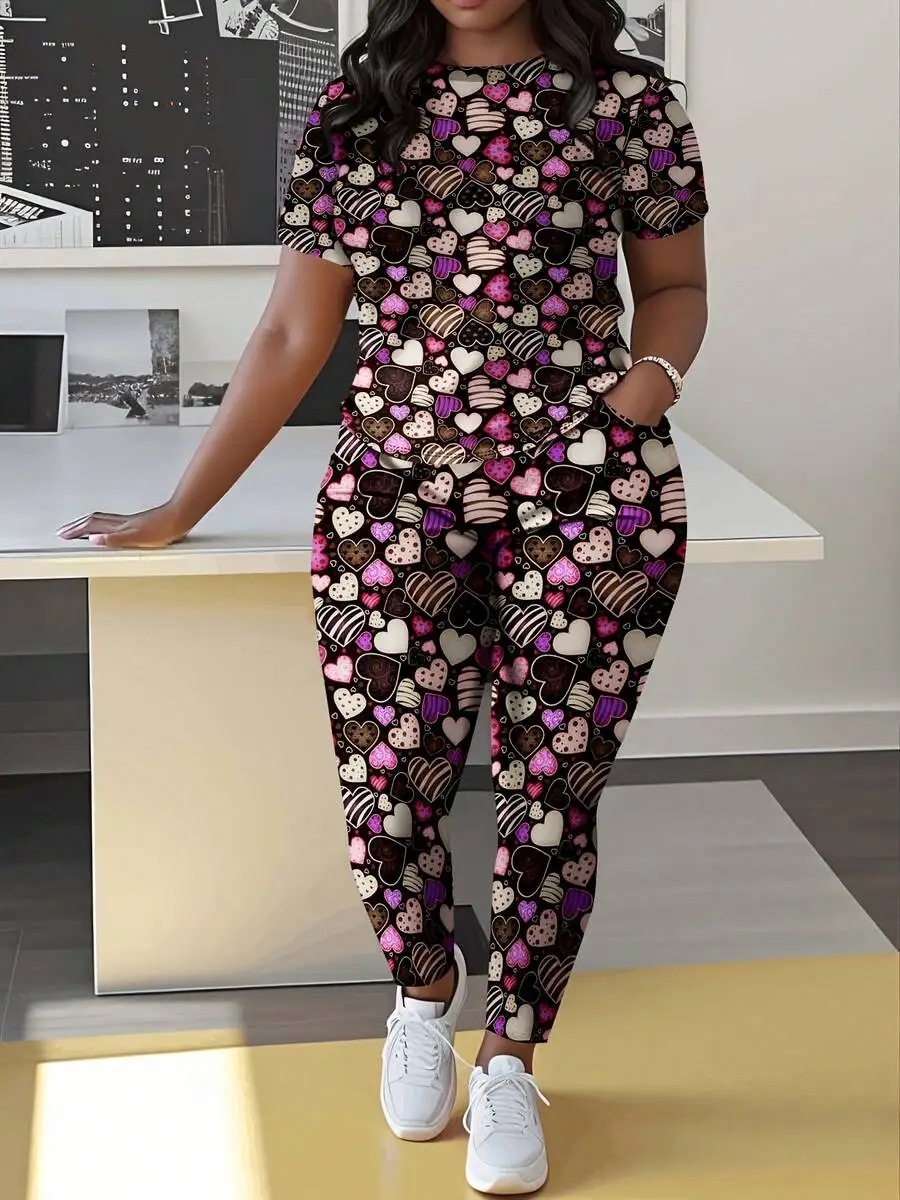 Women Plus Size Short Sleeve Round Neck Top And Long Pants Heart Print Set Breathable Comfortable
Women Plus Size Short Sleeve Round Neck Top And Long Pants Heart Print Set Breathable Comfortable