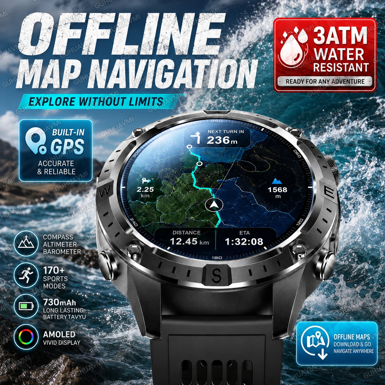 Outdoor Offline Maps GPS Smart Watch 3ATM Water Resistant 2GB Map Download 730mAh Battery AMOLED Compass Sports Tracker Mens Pro
Outdoor Offline Maps GPS Smart Watch 3ATM Water Resistant 2GB Map Download 730mAh Battery AMOLED Compass Sports Tracker Mens Pro