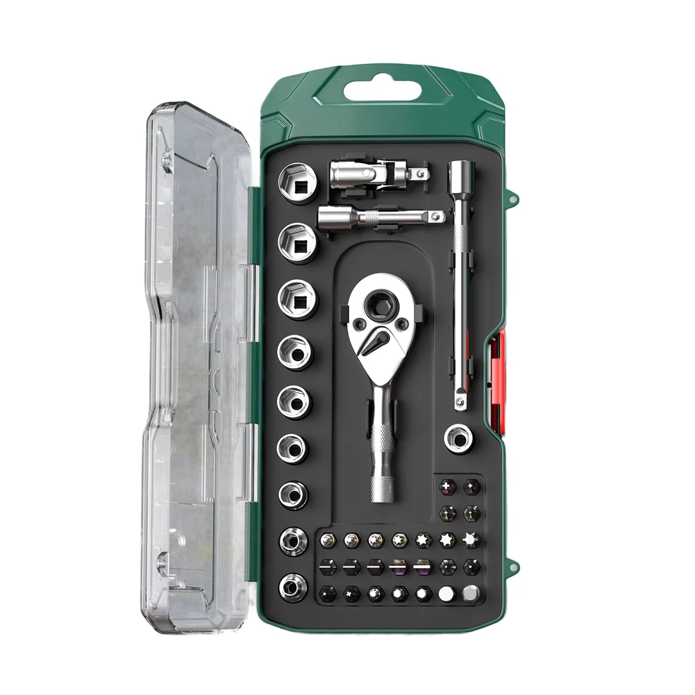 39 Piece Ratchet Socket Wrench Set With 72 Tooth Mechanism For Torx Star And Cross Bit Automotive Repair Tasks In Tight Spaces
39 Piece Ratchet Socket Wrench Set With 72 Tooth Mechanism For Torx Star And Cross Bit Automotive Repair Tasks In Tight Spaces