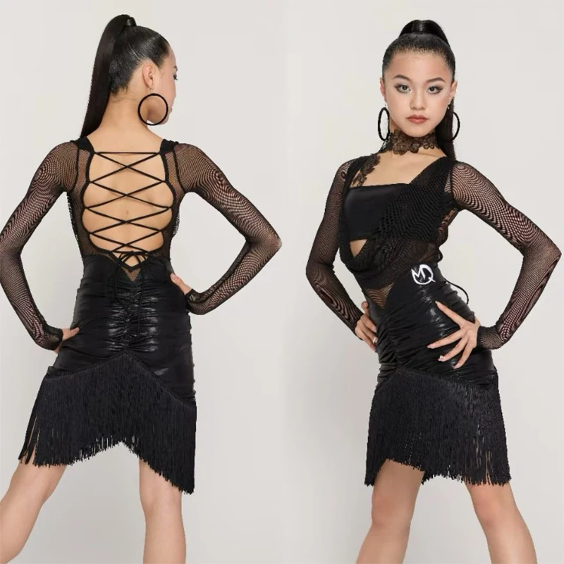 New Chlidren'S Latin Dance Performance Dresses Black Mesh Sleeved Latin Top Fringed Skirt Girls Latin Dance Costume SL12155
New Chlidren'S Latin Dance Performance Dresses Black Mesh Sleeved Latin Top Fringed Skirt Girls Latin Dance Costume SL12155
