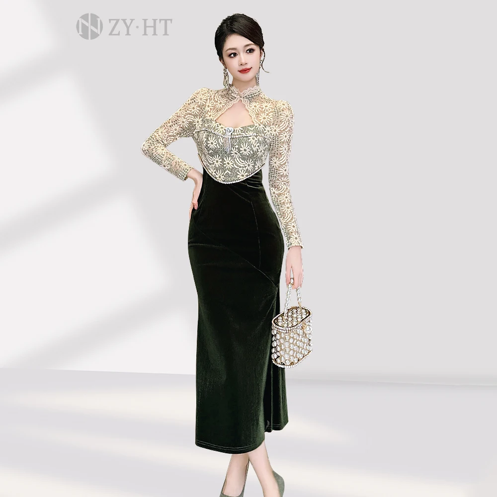 New Year's Day uniform, new Chinese style, improved cheongsam, lace dress, autumn and winter new long-sleeved velvet dress
New Year's Day uniform, new Chinese style, improved cheongsam, lace dress, autumn and winter new long-sleeved velvet dress