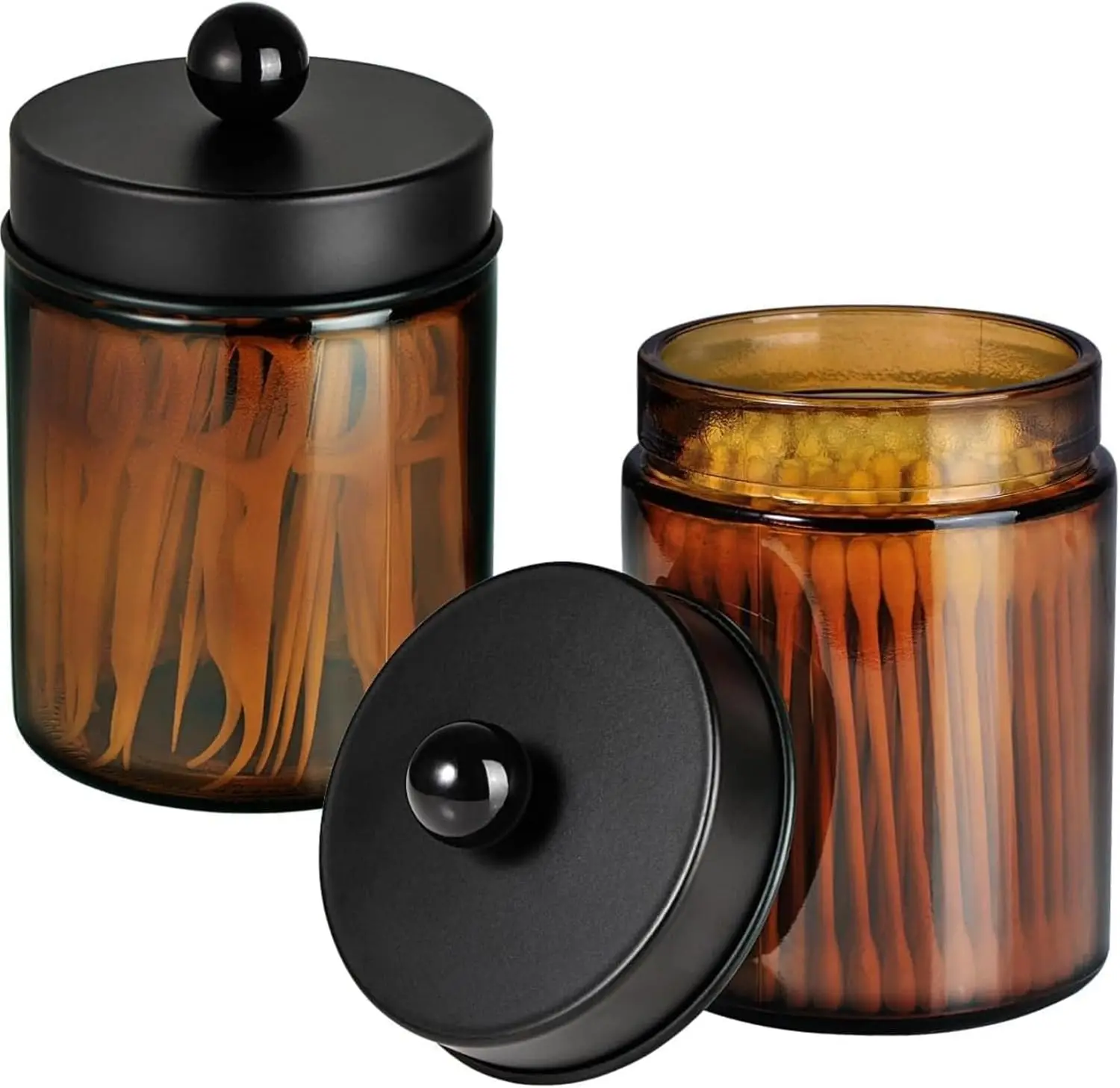 Amber Glass Qtip Holder Set, Apothecary Jars with Black Metal Lids, Bathroom Organizer for Cotton Swabs & Pads, 2 Pack
Amber Glass Qtip Holder Set, Apothecary Jars with Black Metal Lids, Bathroom Organizer for Cotton Swabs & Pads, 2 Pack