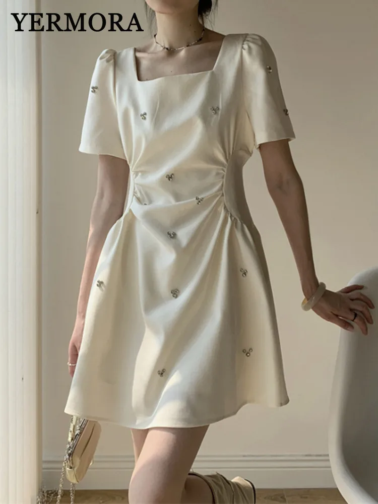 YERMORA Women Apricot Rhinestone Pleated Elegant Dress Square Collar Short Sleeve Loose New Dresses Fashion Spring Summer 2025
YERMORA Women Apricot Rhinestone Pleated Elegant Dress Square Collar Short Sleeve Loose New Dresses Fashion Spring Summer 2025