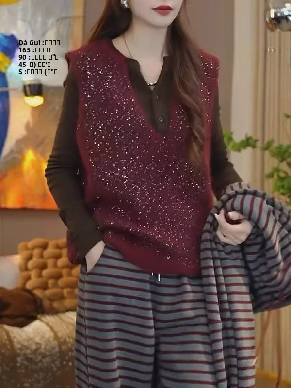 Вязаный жилет с пайетками винного цвета, большие размеры, новинка весны, для полных женщин, европейский стиль, топ-накидка, женская куртка
Вязаный жилет с пайетками винного цвета, большие размеры, новинка весны, для полных женщин, европейский стиль, топ-накидка, женская куртка