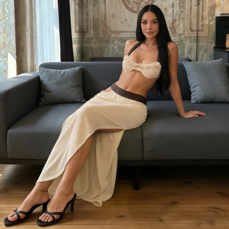 Women Sexy PU Leather Belt Patchwork 2 Piece Set Ruffles Halter Bra Crop Tops + Asymmetrical Maxi Skirts Vacation Beach Suits
Women Sexy PU Leather Belt Patchwork 2 Piece Set Ruffles Halter Bra Crop Tops + Asymmetrical Maxi Skirts Vacation Beach Suits