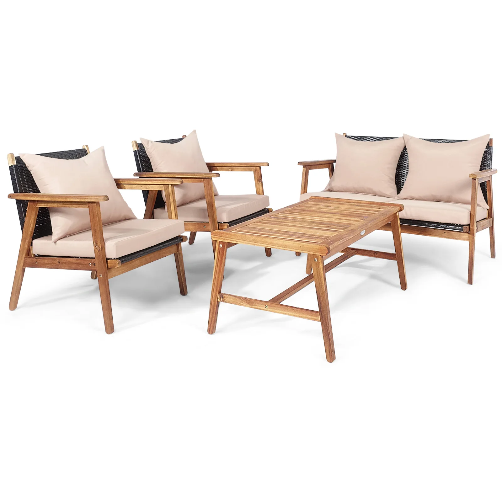 4PCS Patio Rattan Furniture Set Acacia Wood Frame Cushioned Sofa Chair Garden 4PCS Patio Rattan Furniture Set Acacia Wood Frame Cushioned Sofa Chair Garden