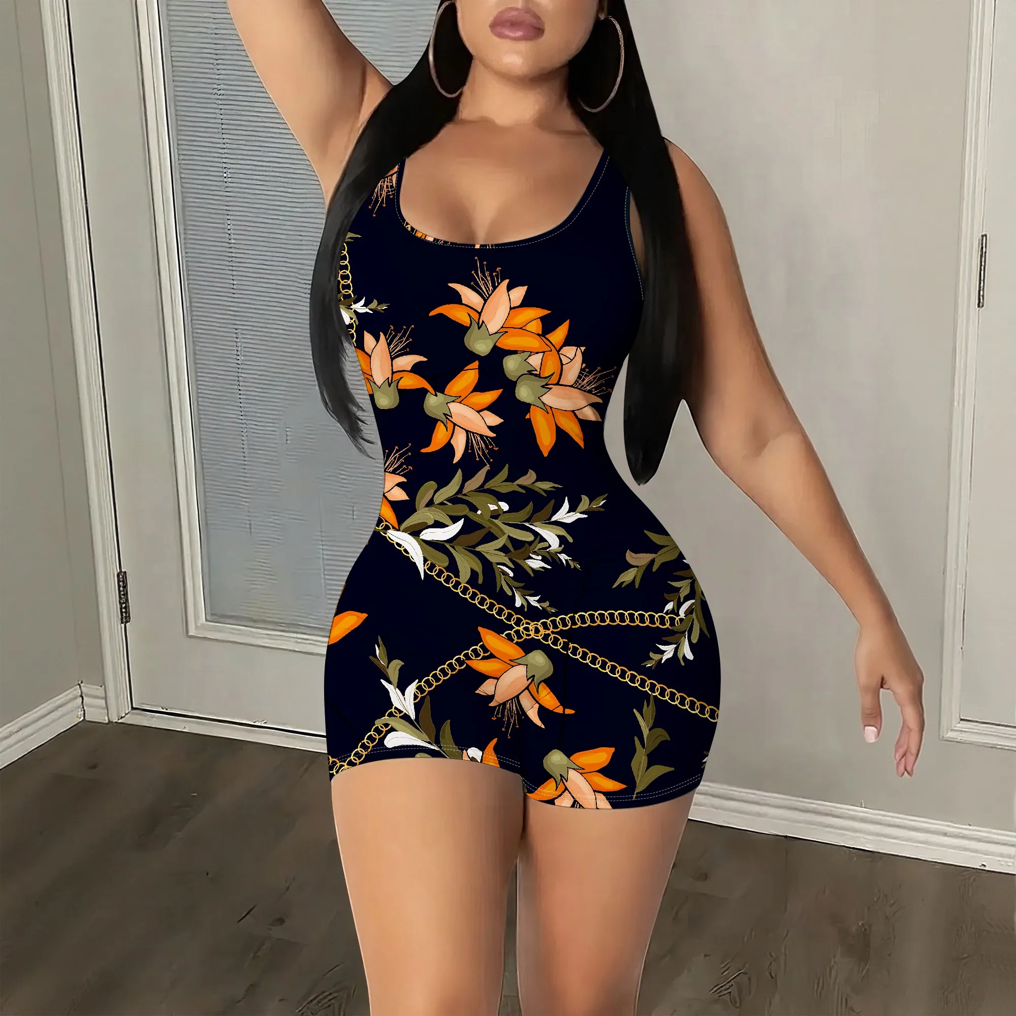 Floral Bodycon Jumpsuit, Sleeveless Romper, Chain Print Design, Orange Flower Pattern, Clubwear for Women, S-2XL
Floral Bodycon Jumpsuit, Sleeveless Romper, Chain Print Design, Orange Flower Pattern, Clubwear for Women, S-2XL