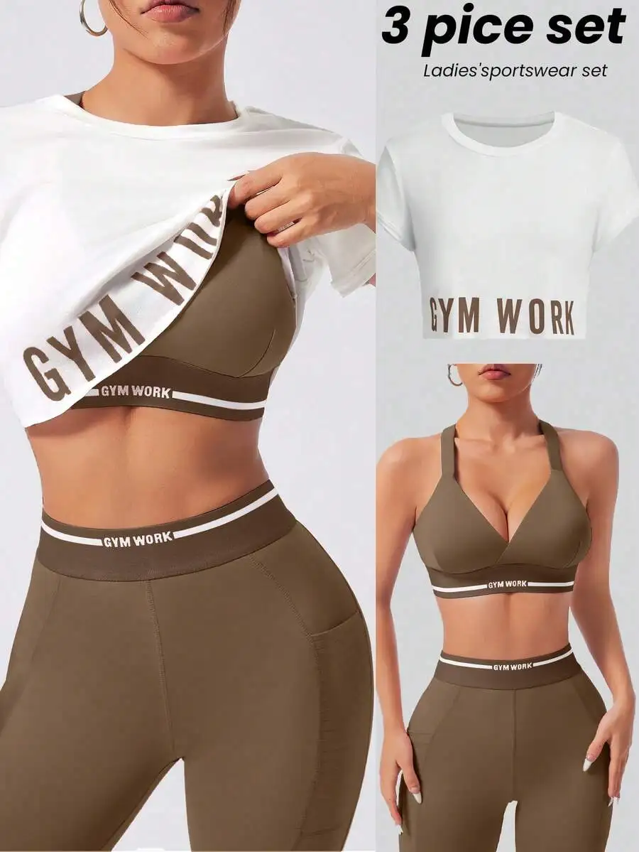 Womens 3 Piece Gym Workout Set Crop Top Sports Bra Leggings Letter Print
Womens 3 Piece Gym Workout Set Crop Top Sports Bra Leggings Letter Print