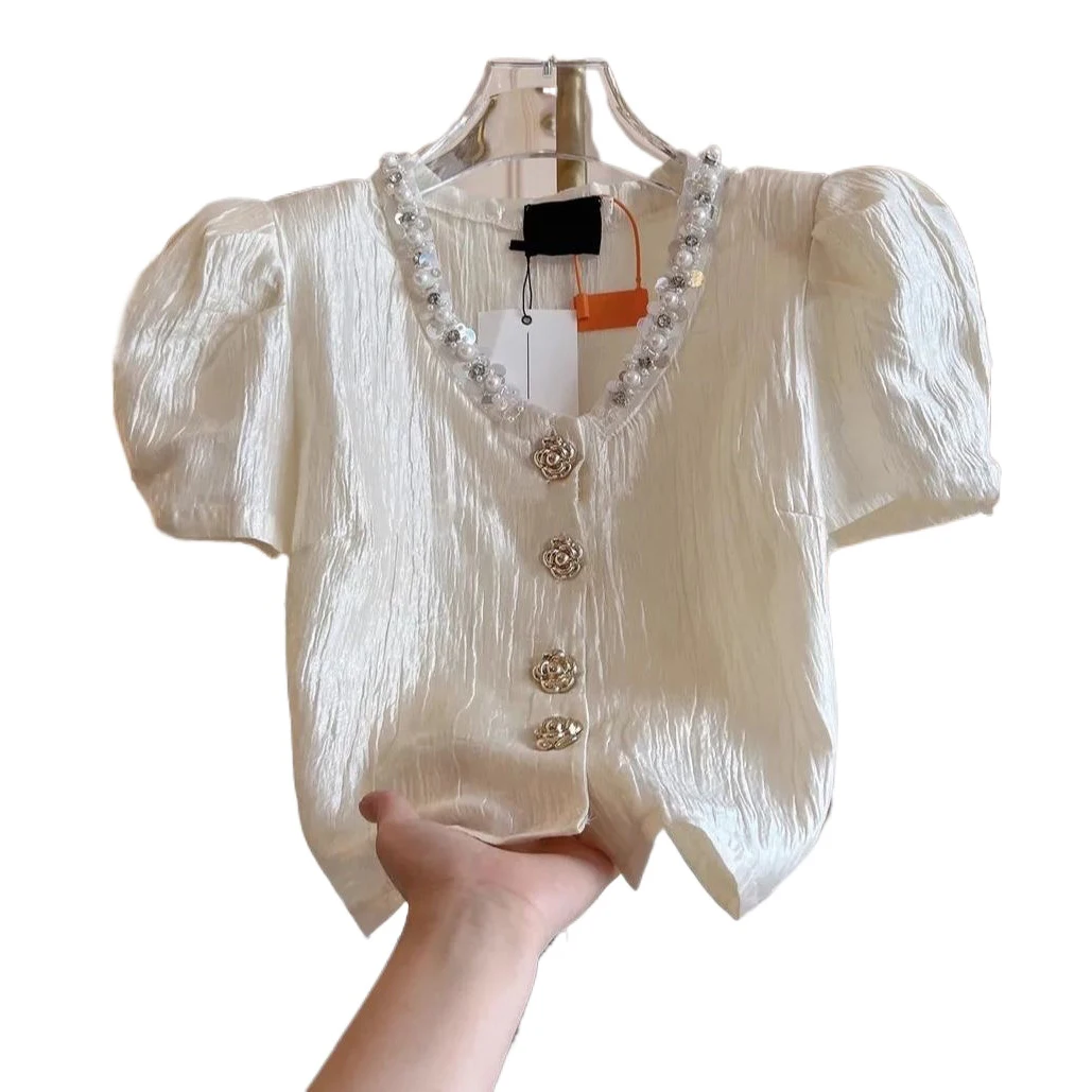 Women's Shirt Summer New Diamond Studded V-neck White Short Sleeved Shirt, Bubble Sleeve Short Top
Women's Shirt Summer New Diamond Studded V-neck White Short Sleeved Shirt, Bubble Sleeve Short Top