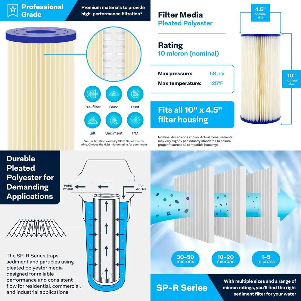 10 Micron Pleated Polyester Sediment Filter Cartridge, 10x4.5, Pack of 8
10 Micron Pleated Polyester Sediment Filter Cartridge, 10x4.5, Pack of 8