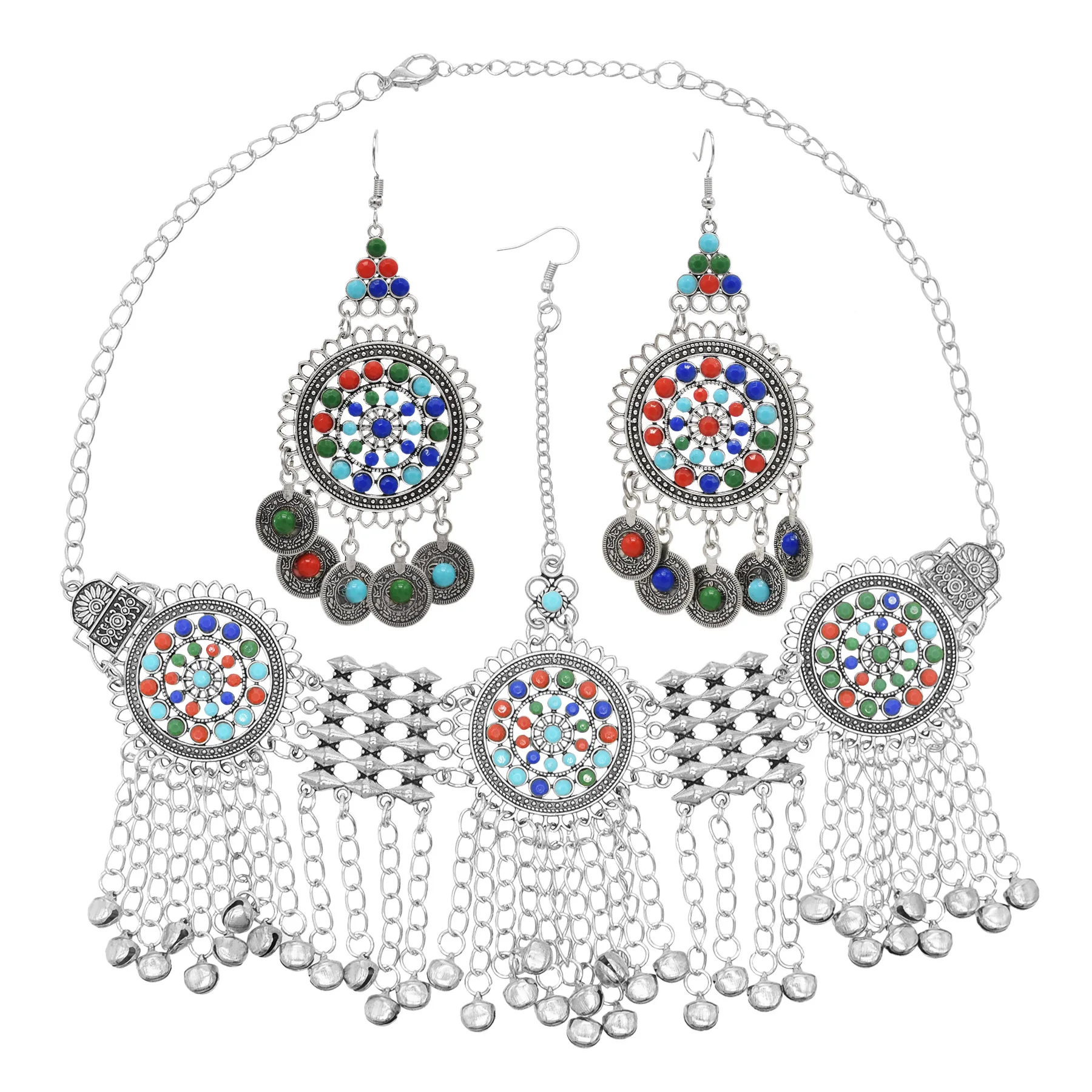 Vintage Ethnic Long Chains Bells Headdress Coin Earrings Colorful Acrylic Beads Headpiece Gypsy Tribal Afghan Dress Jewelry Set
Vintage Ethnic Long Chains Bells Headdress Coin Earrings Colorful Acrylic Beads Headpiece Gypsy Tribal Afghan Dress Jewelry Set