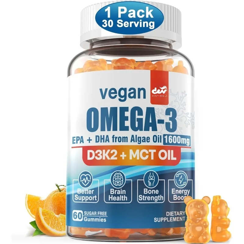 Vegetarian Omega 3 Gummies+Vitamin D3 K2 (MK7), Containing Algae, MCT Oil - Suitable for Brain, Eye, Immune Health
Vegetarian Omega 3 Gummies+Vitamin D3 K2 (MK7), Containing Algae, MCT Oil - Suitable for Brain, Eye, Immune Health