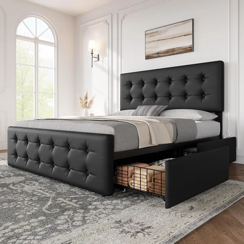 Storage Drawers and Headboard, Faux Leather Upholstered Platform Bed Frame with Wooden Slats Support,
Storage Drawers and Headboard, Faux Leather Upholstered Platform Bed Frame with Wooden Slats Support,