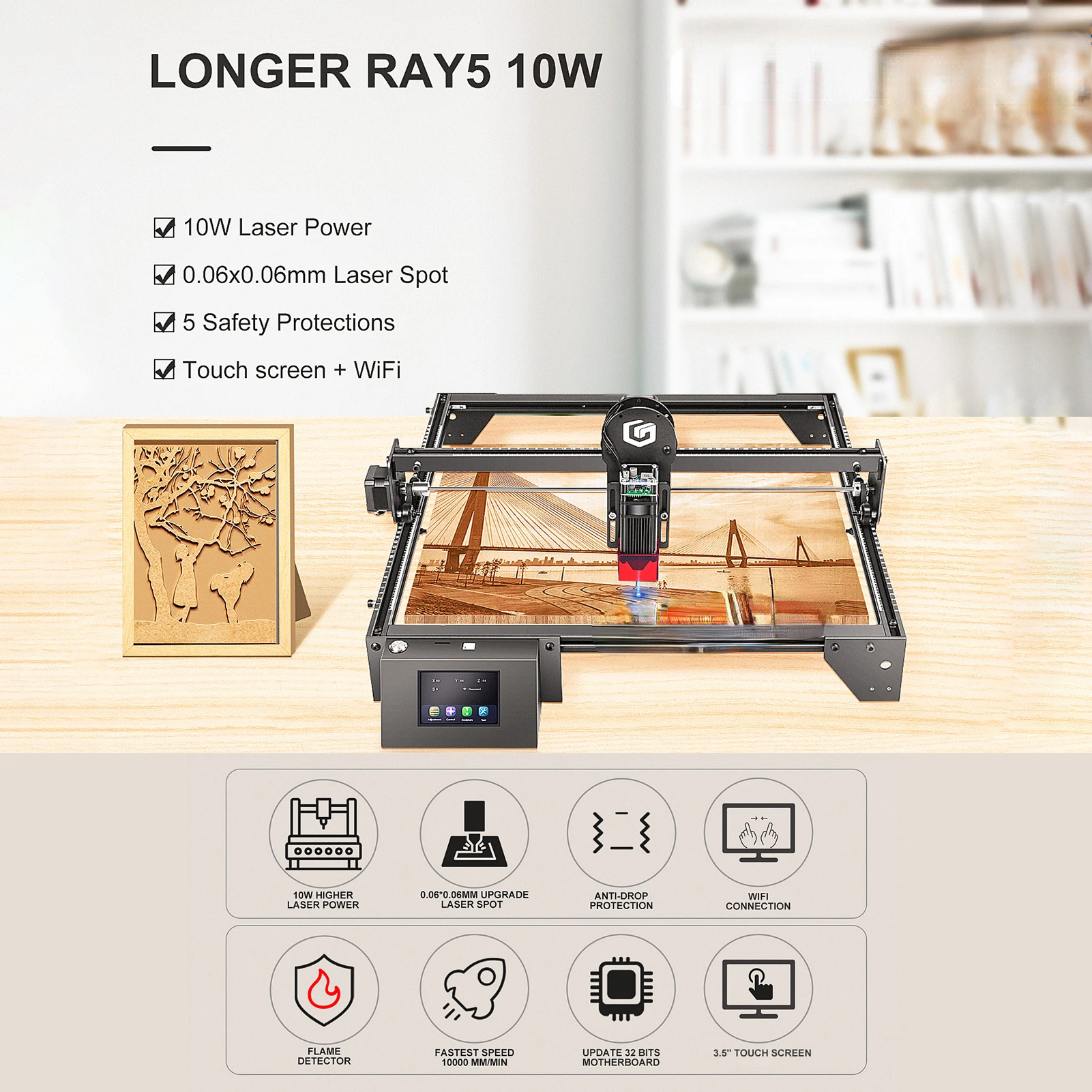 Ray5 10W Laser Engraver 400x400mm with Engraving Area 400x400mm 3.5'' Touchscreen 32-bit Motherboard Support App WIFI
Ray5 10W Laser Engraver 400x400mm with Engraving Area 400x400mm 3.5'' Touchscreen 32-bit Motherboard Support App WIFI